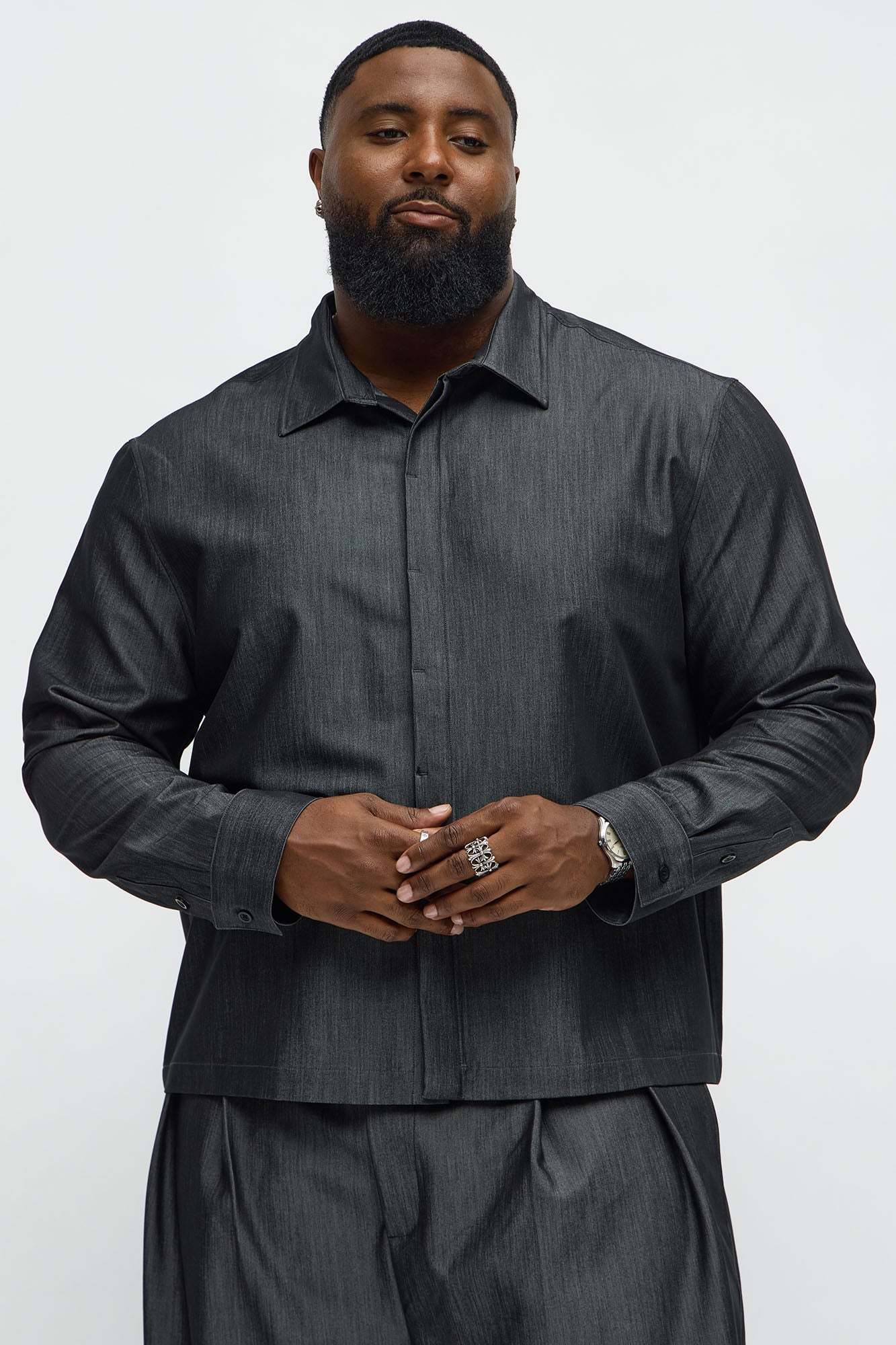 Cropped Bold Flow Button Up Shirt - Charcoal