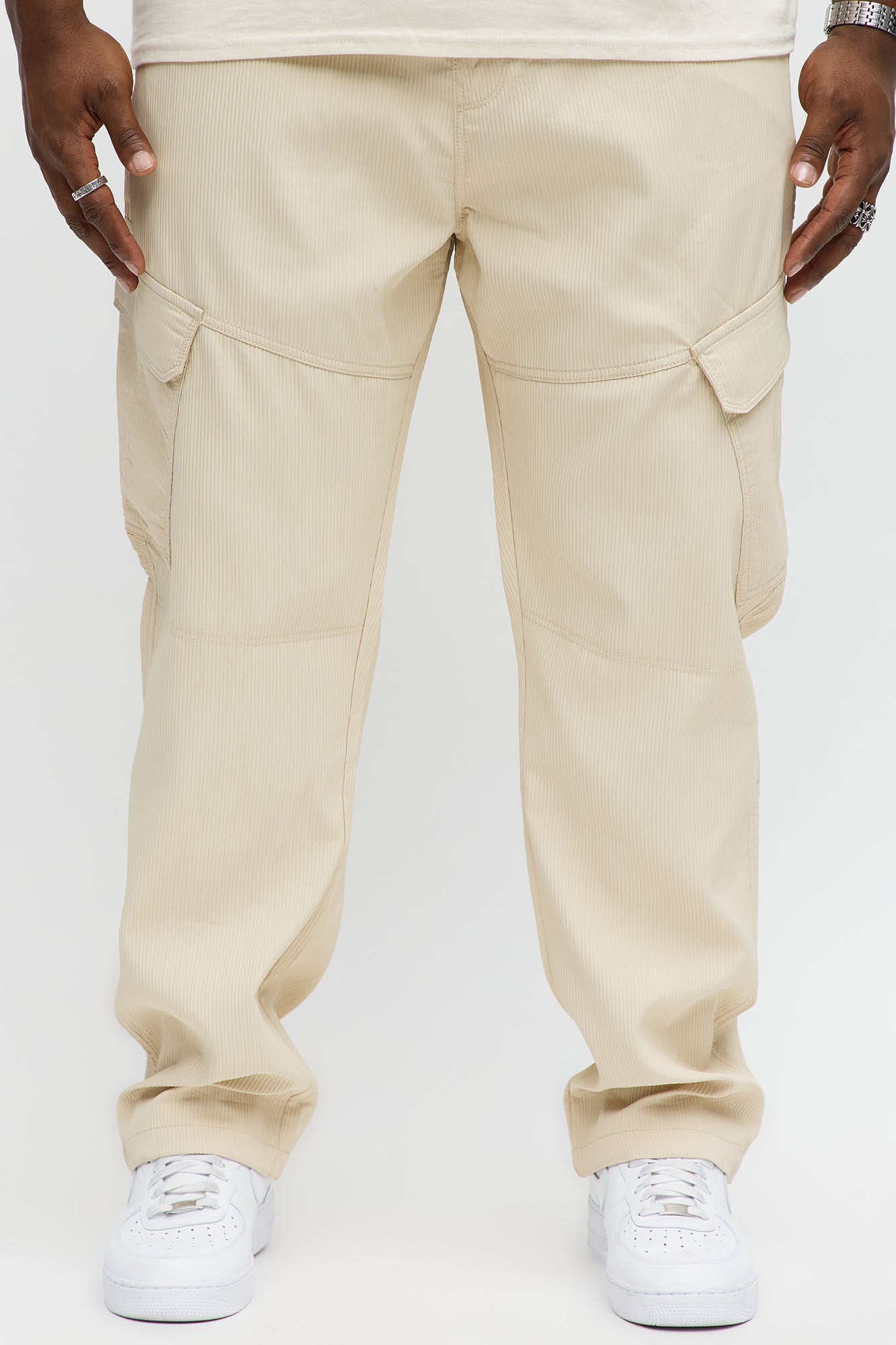 Slim Slanted Cargo Ribbed Pants - Cream