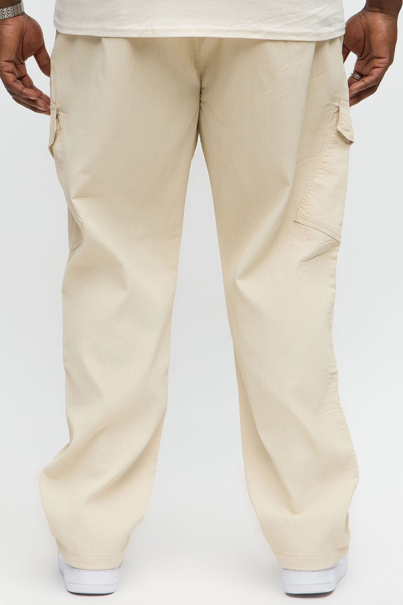 Slim Slanted Cargo Ribbed Pants - Cream