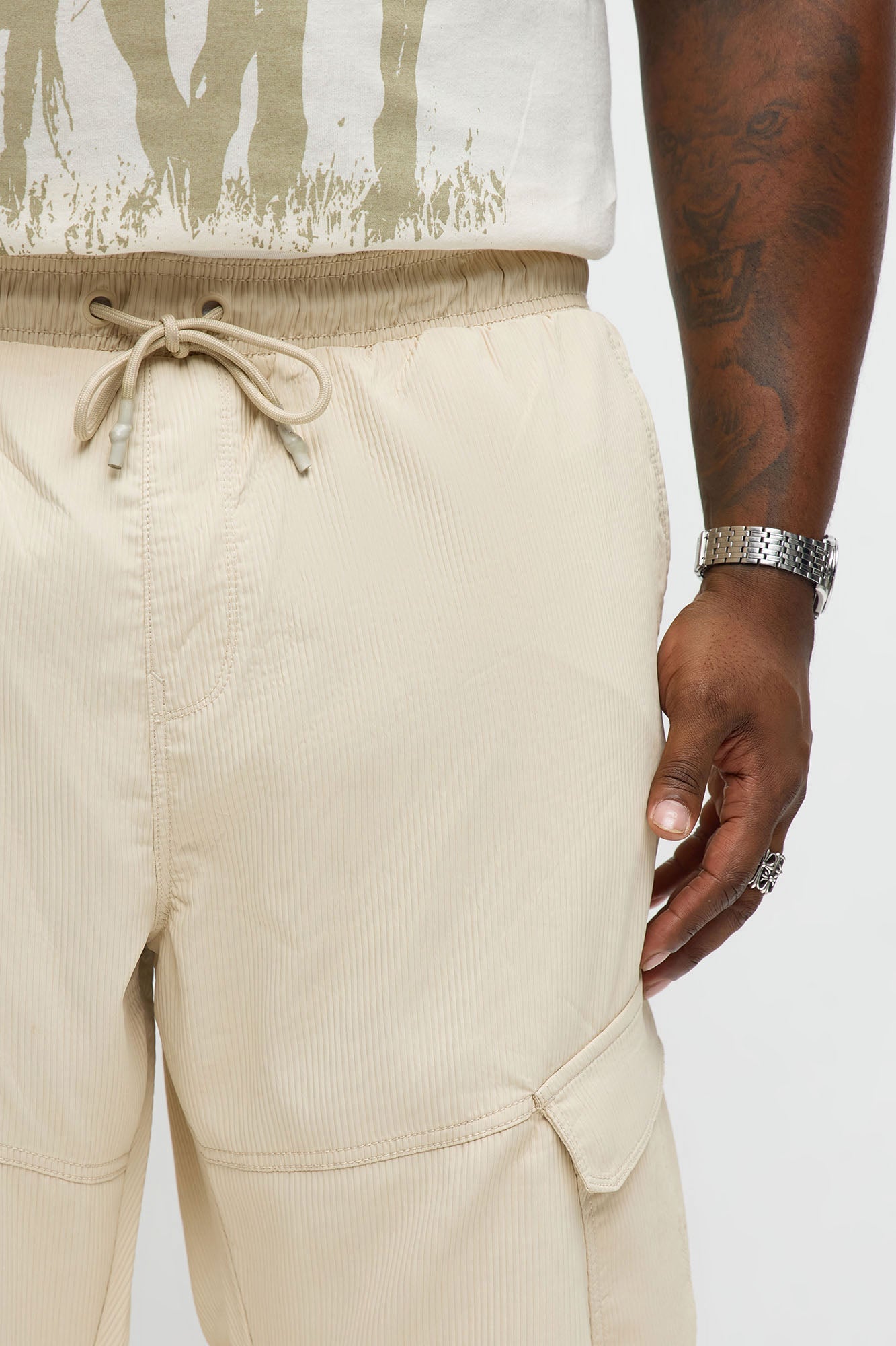 Slim Slanted Cargo Ribbed Pants - Cream