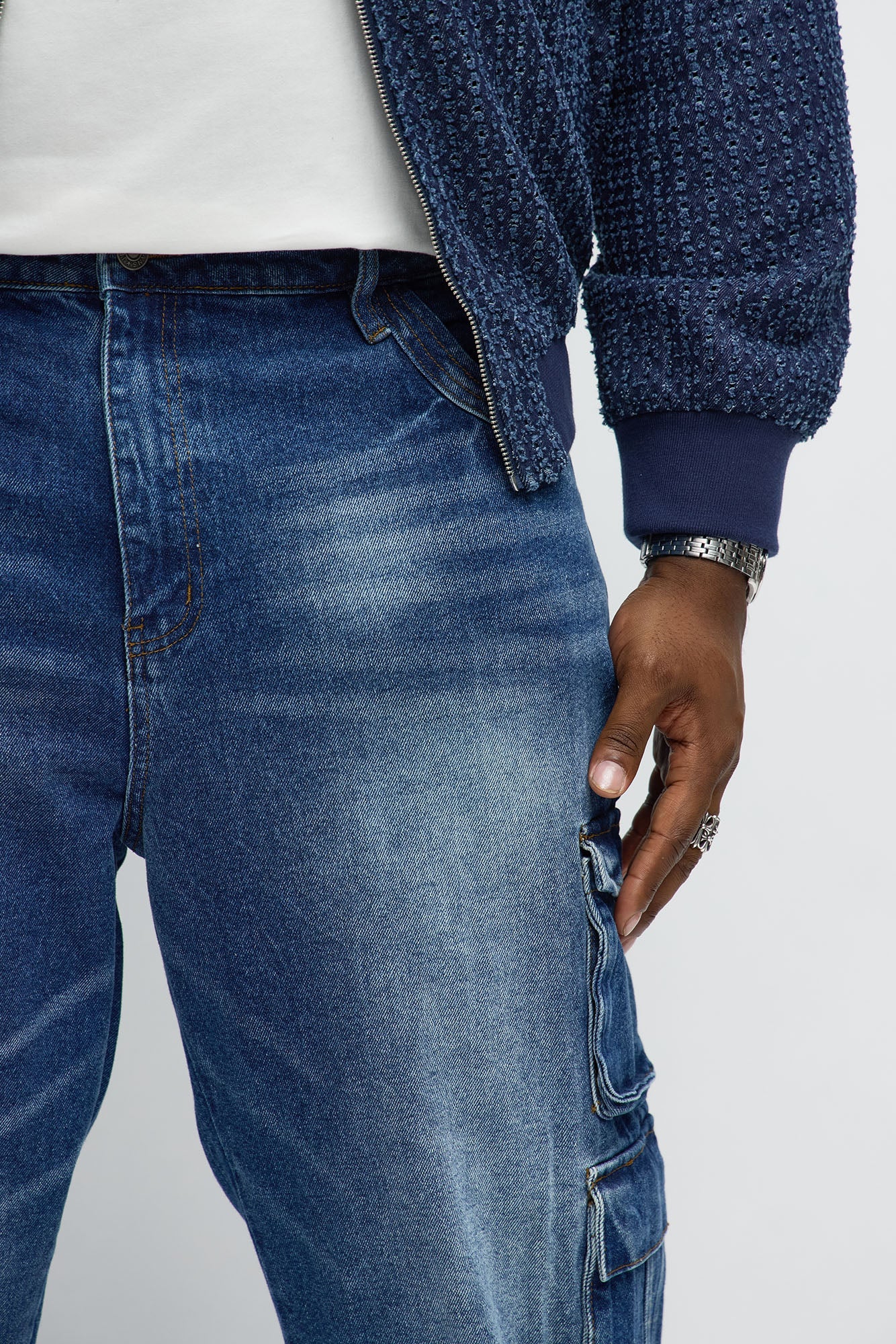 Relaxed Straight Binded Cargo Jean - Dark Wash