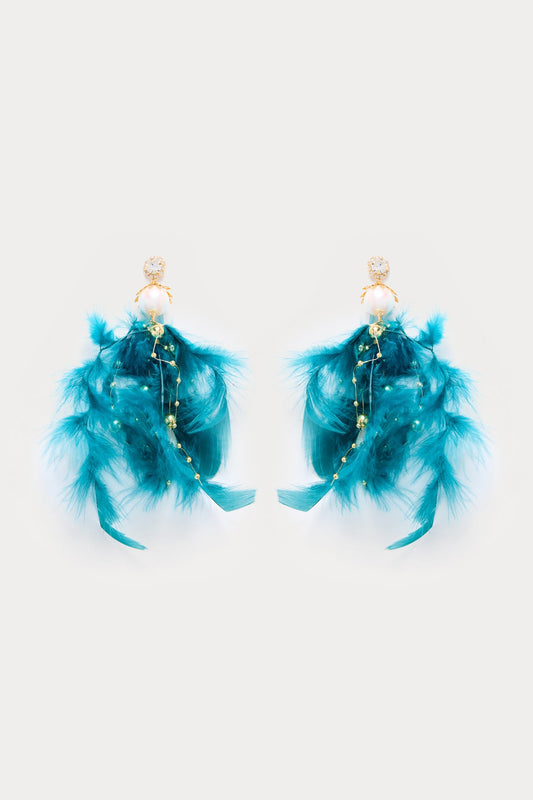 Breeze Blossom Feather Drop Earrings - Teal