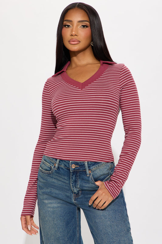 Cassandra Striped Long Sleeve Top - Wine