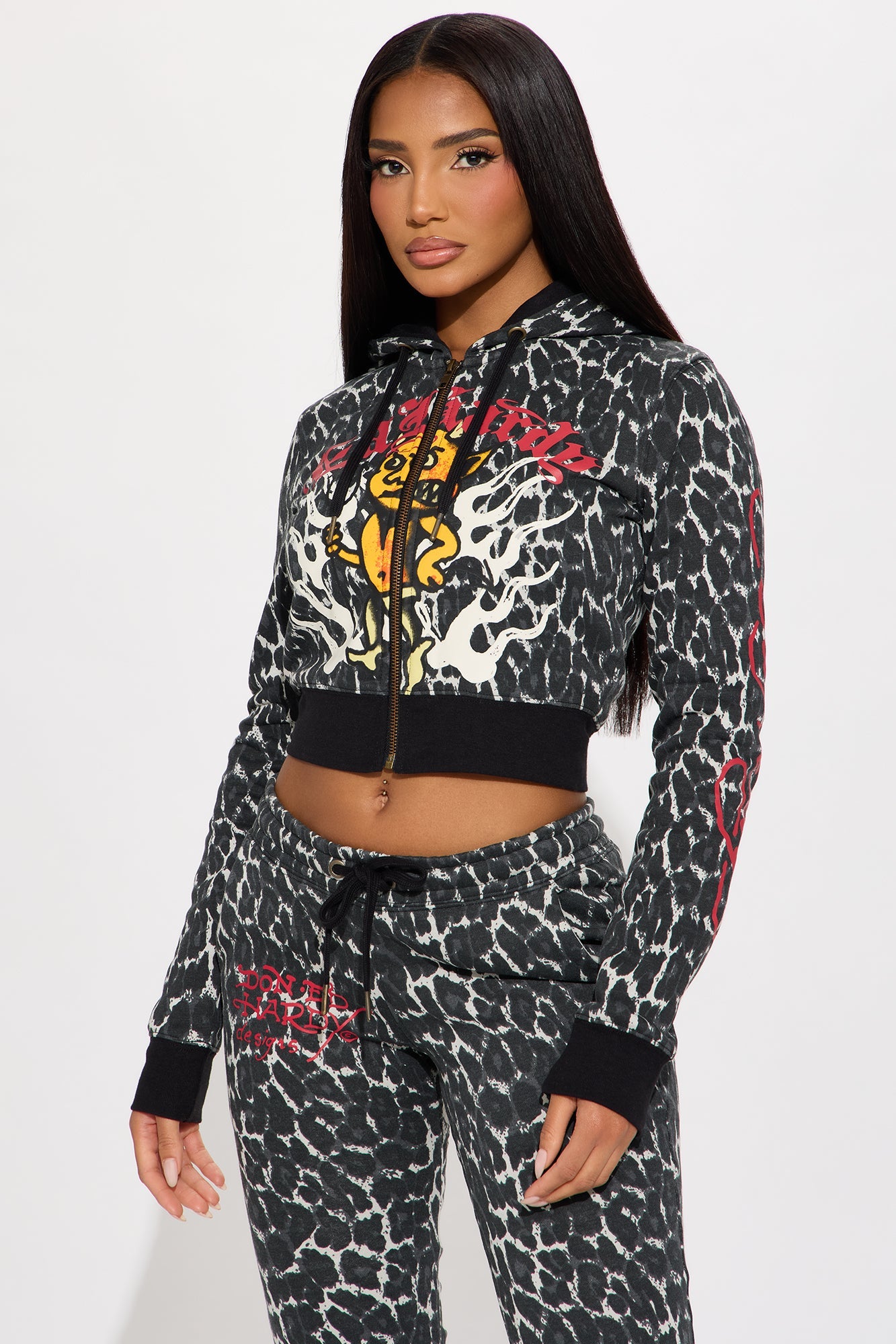 Ed Hardy Leopard Devil Zip Front Hoodie - Black