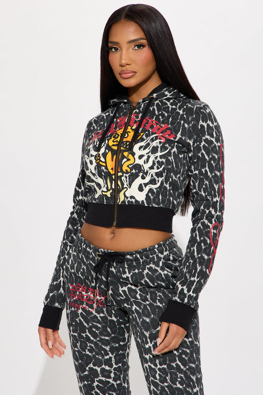 Ed Hardy Leopard Devil Zip Front Hoodie - Black