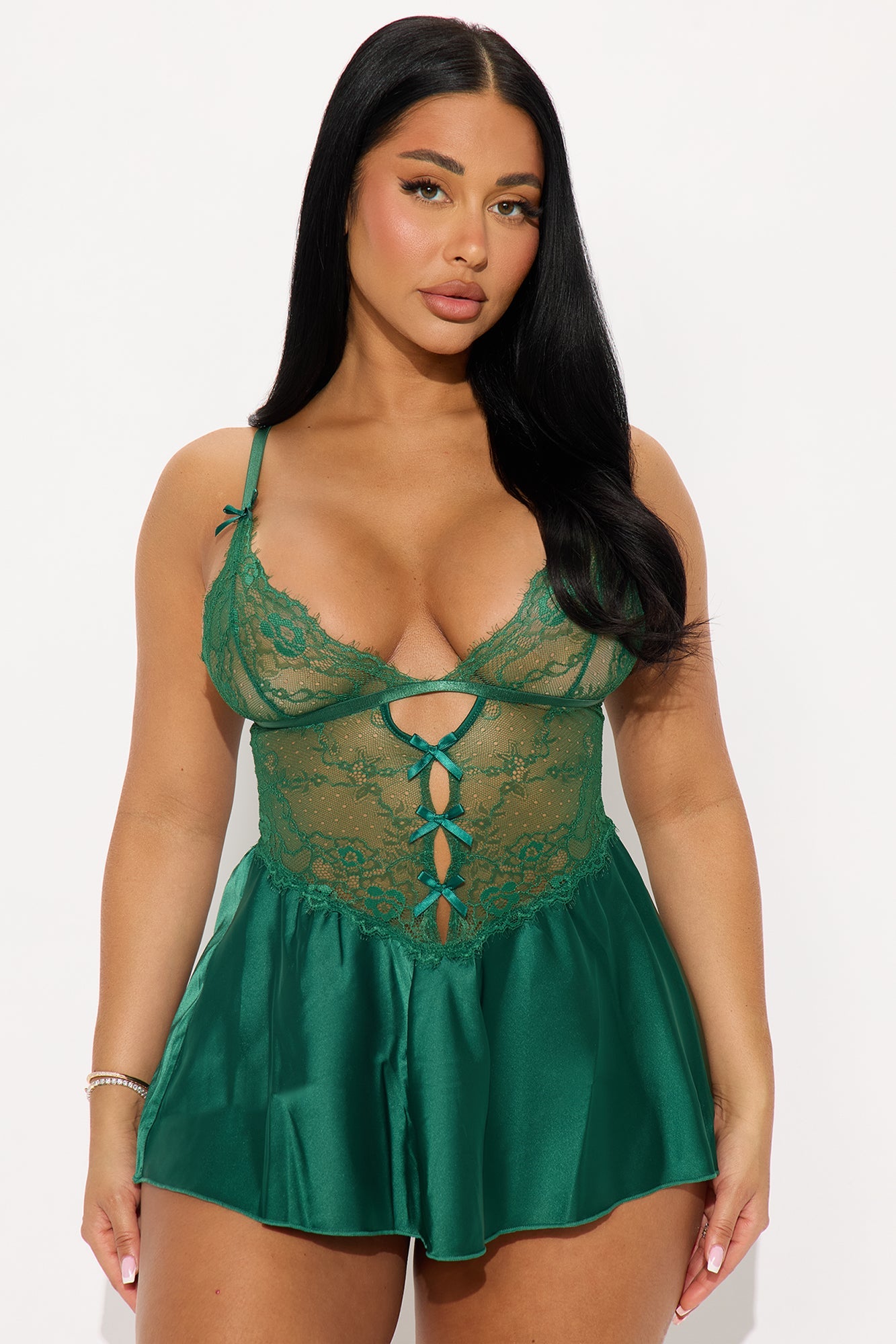 La Vie En Lace Satin Babydoll - Green