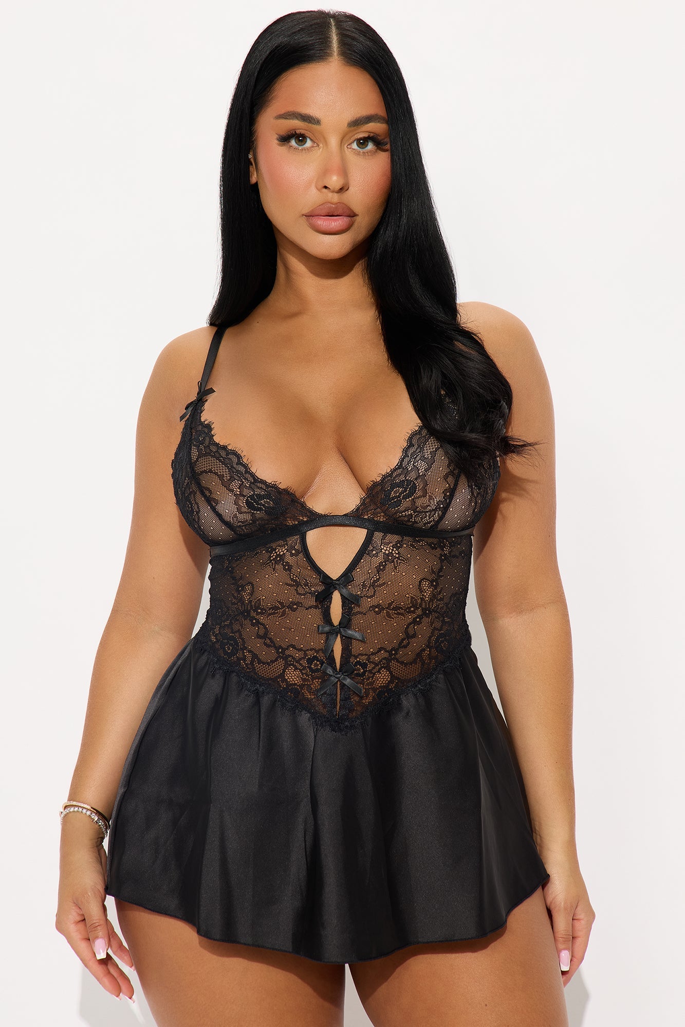 La Vie En Lace Satin Babydoll - Black