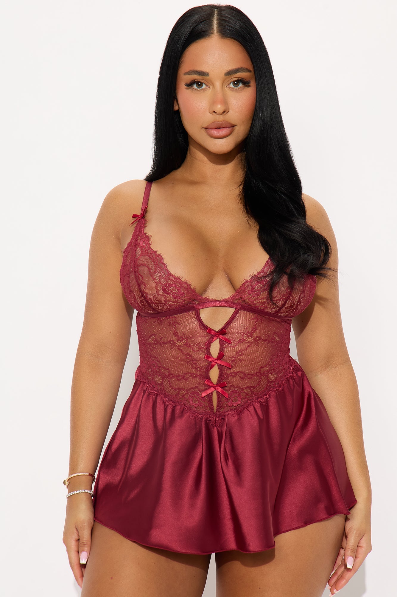 La Vie En Lace Satin Babydoll - Wine