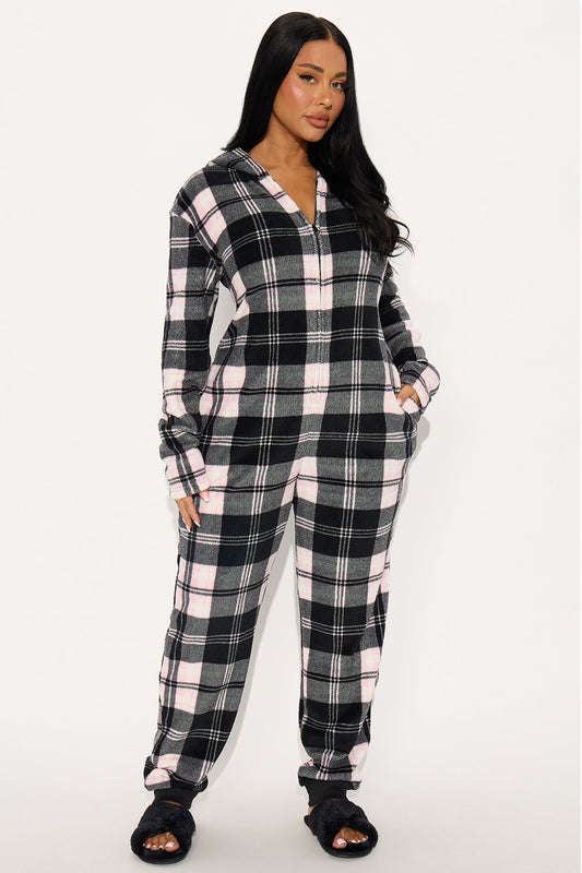Staying Warm Plush PJ Jumpsuit Onesie - Black/Pink