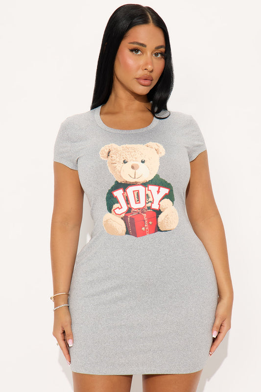 Joyful Teddy Bear Short Sleeve PJ Sleep Shirt - Heather Grey