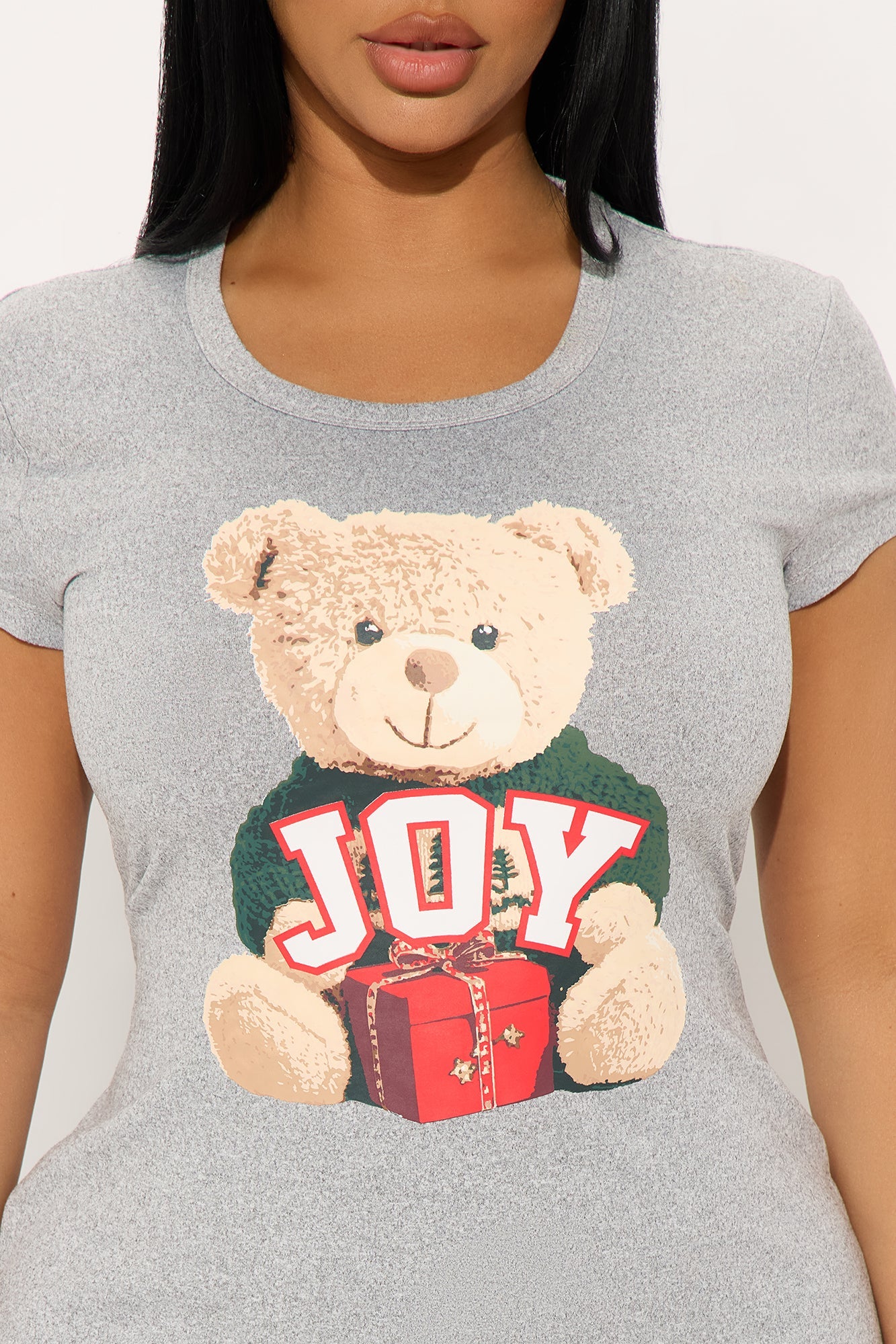 Joyful Teddy Bear Short Sleeve PJ Sleep Shirt - Heather Grey