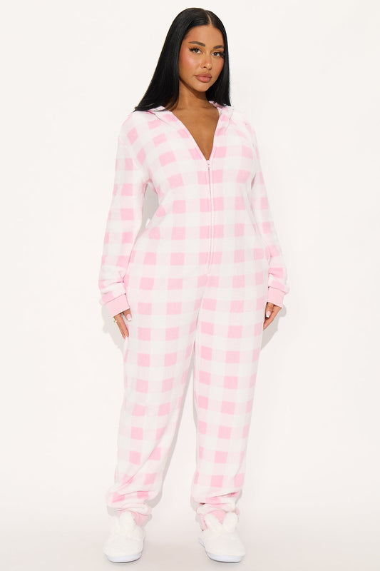 Cute And Cozy Plush Hoodie PJ Jumpsuit Onesie - White/Pink