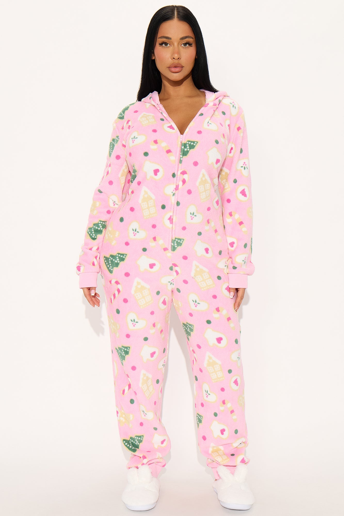Christmas Treats Plush Hoodie PJ Jumpsuit Onesie - Pink/combo