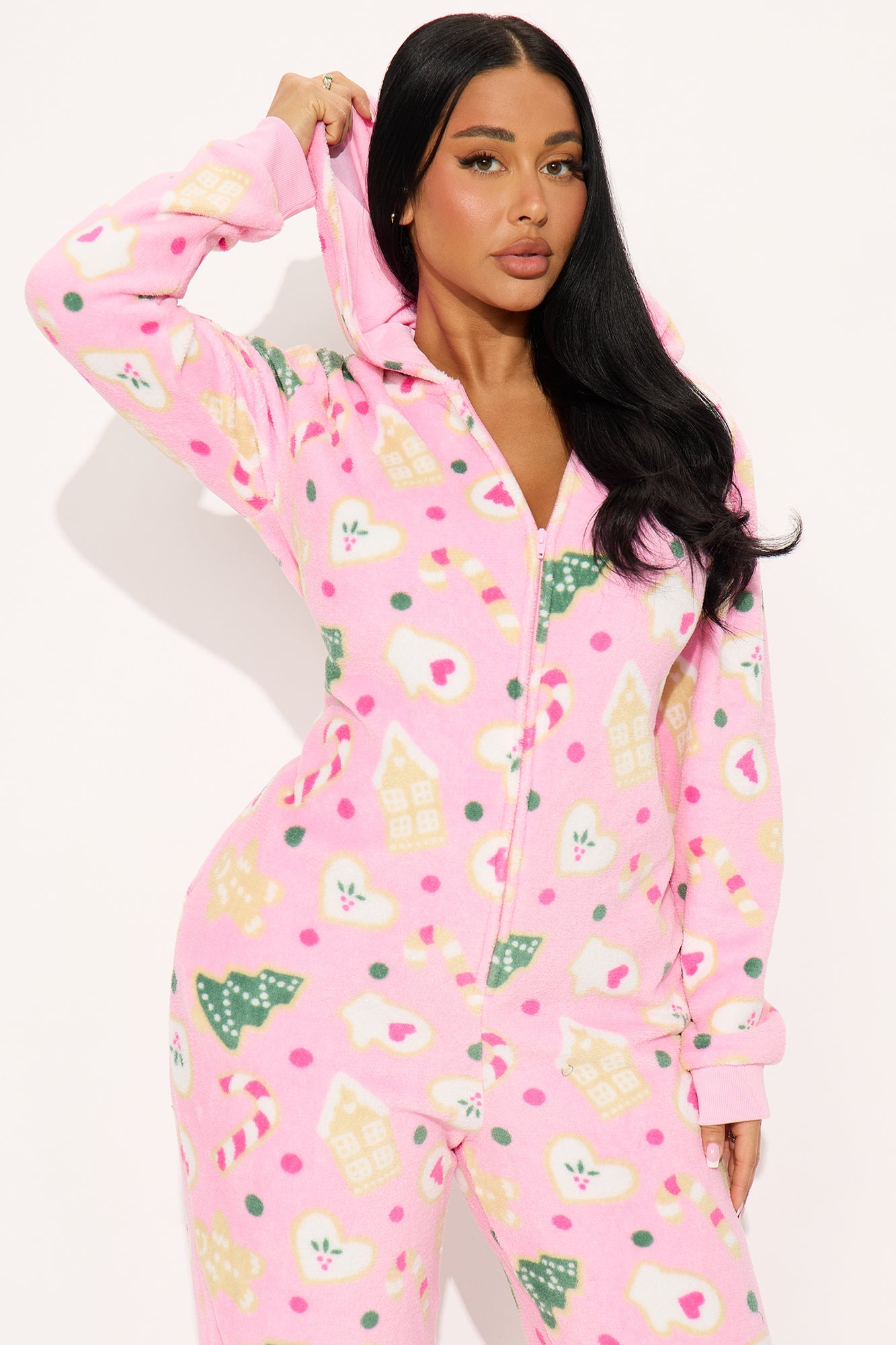 Christmas Treats Plush Hoodie PJ Jumpsuit Onesie - Pink/combo