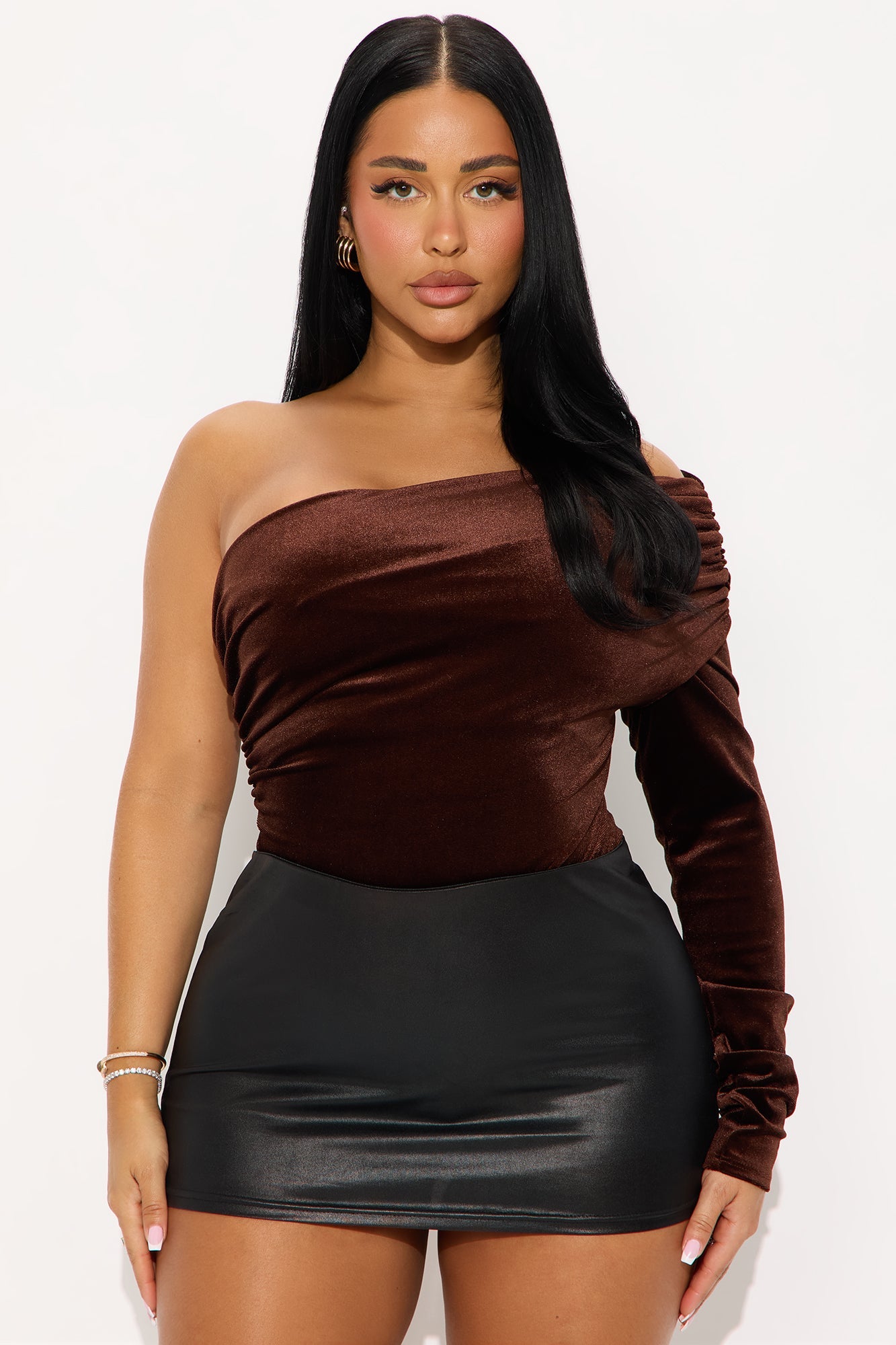 Vera One Shoulder Velvet Bodysuit - Brown