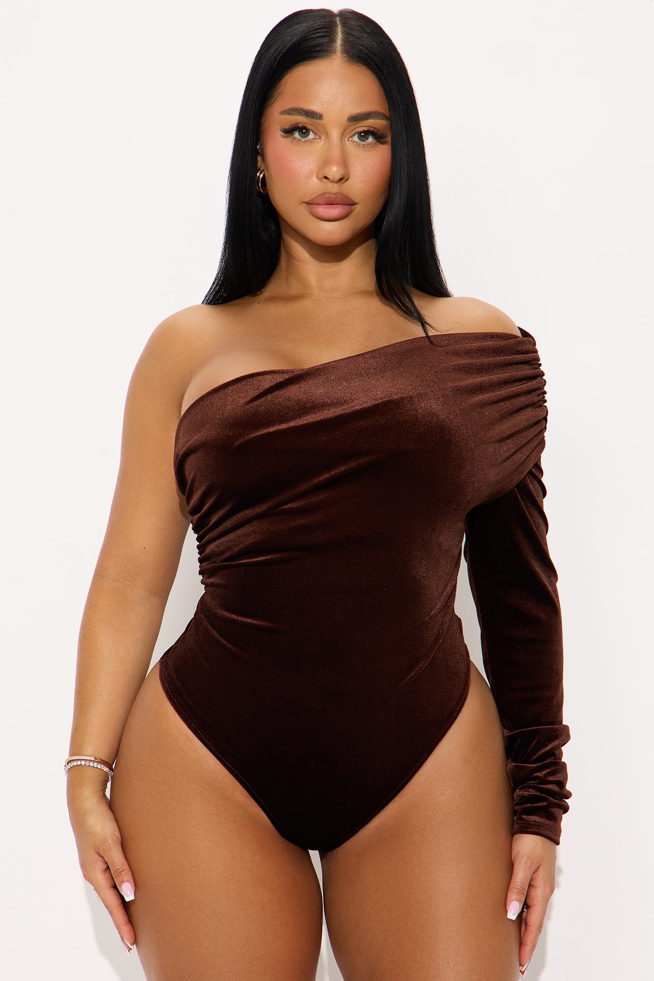 Vera One Shoulder Velvet Bodysuit - Brown