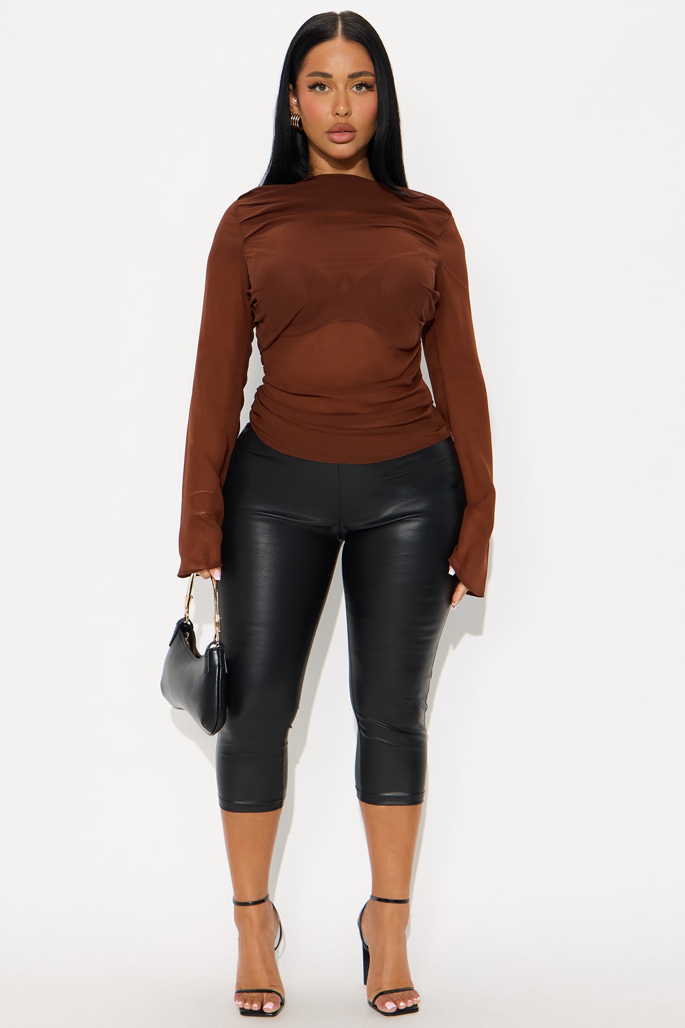 Venetian Date Ruched Sheer Chiffon Top - Brown