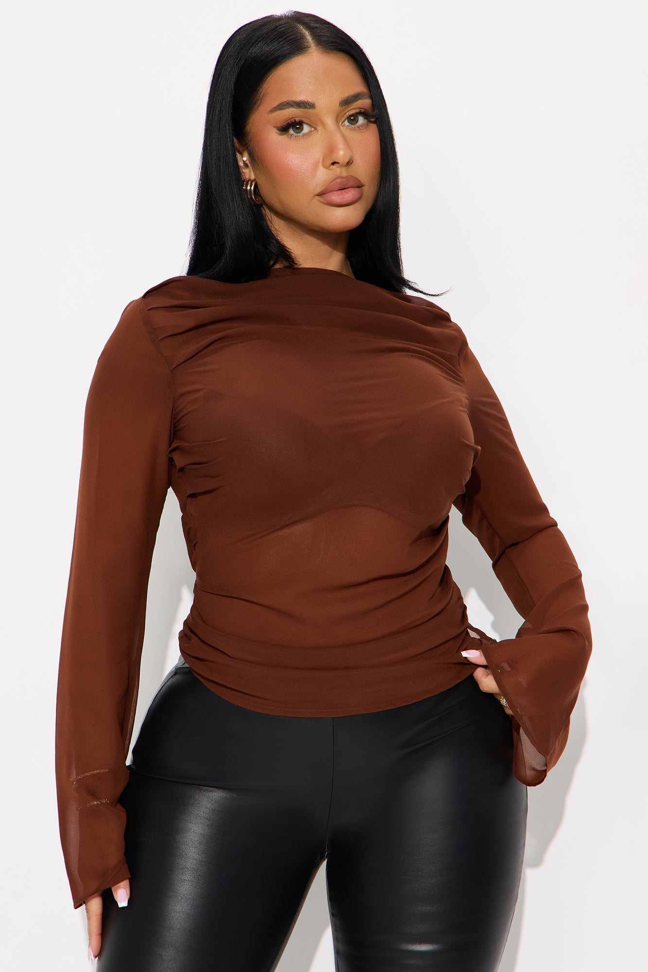 Venetian Date Ruched Sheer Chiffon Top - Brown