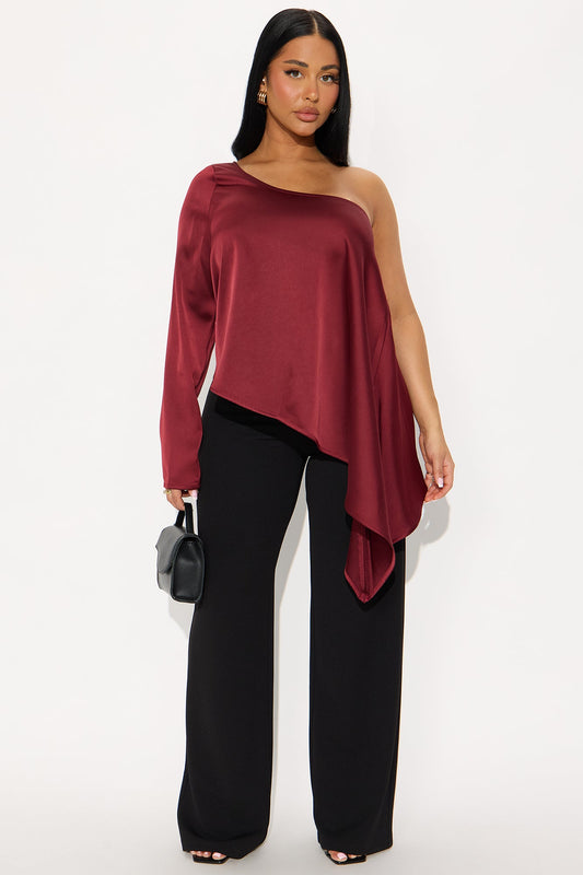 Sugar High One Shoulder Satin Top - Burgundy