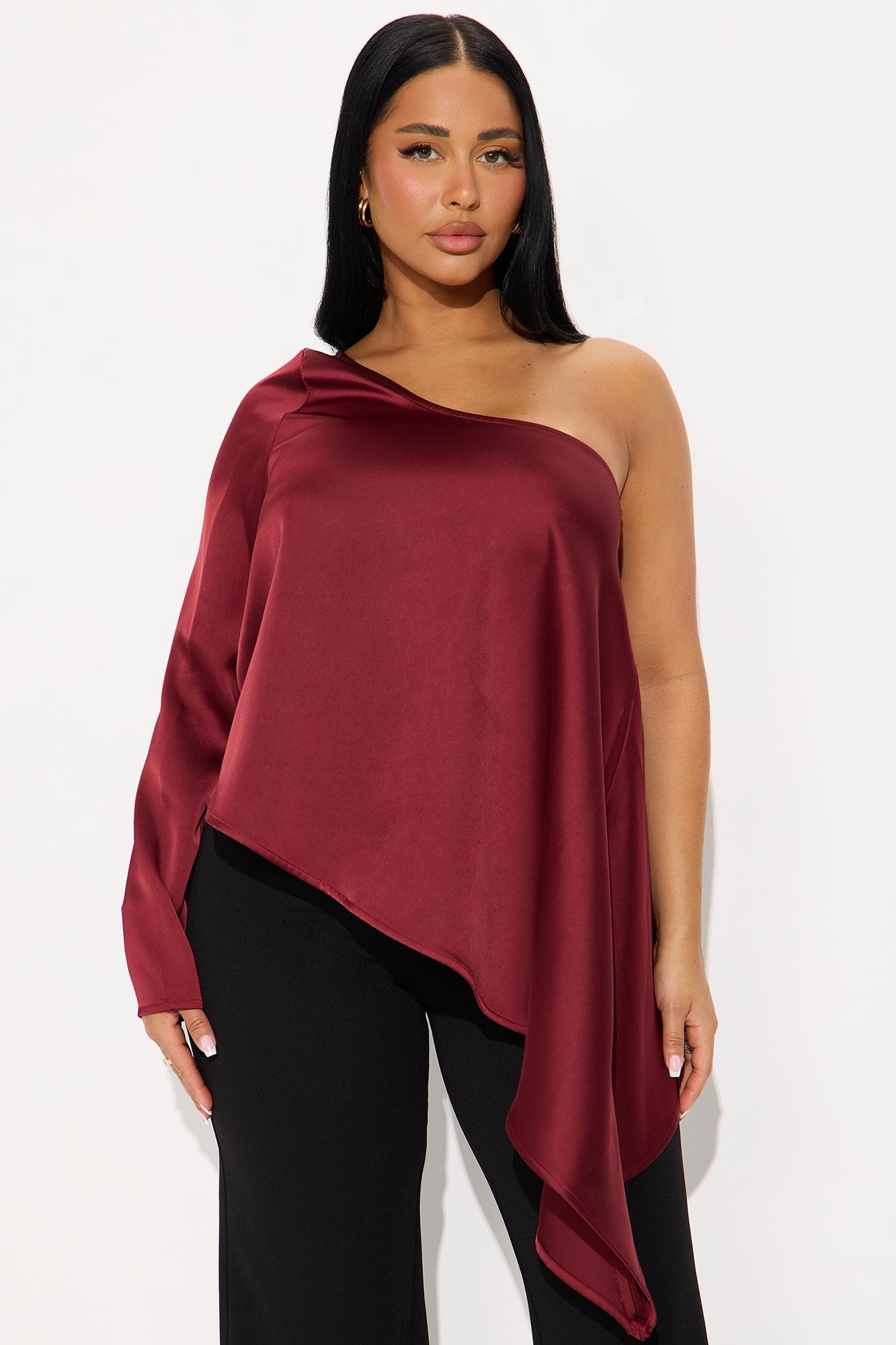 Sugar High One Shoulder Satin Top - Burgundy