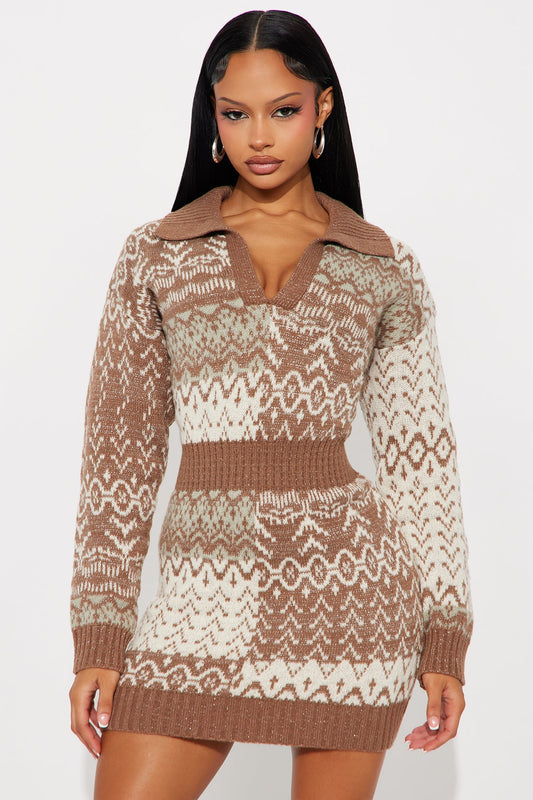 Snuggle Up Fair Isle Sweater Mini Dress - Brown/combo