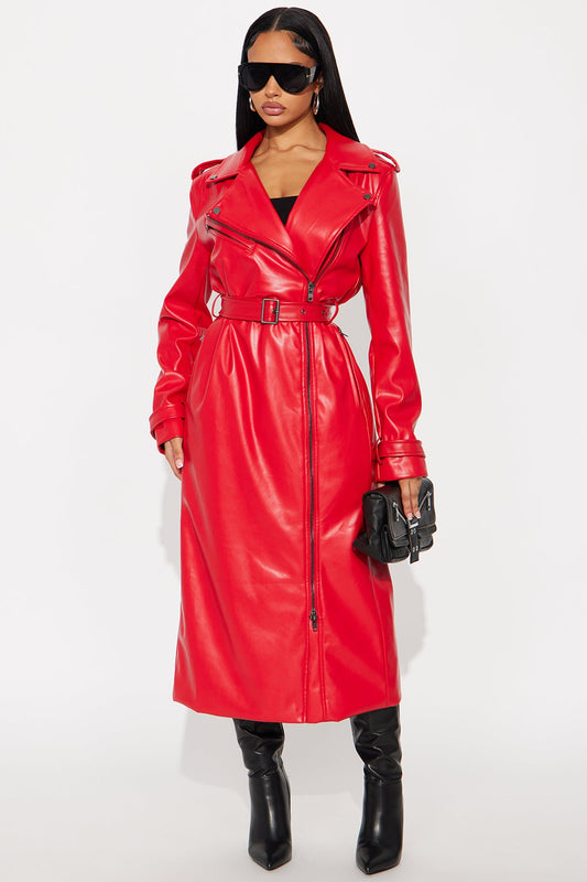 Late Night Drives Faux Leather Coat - Red