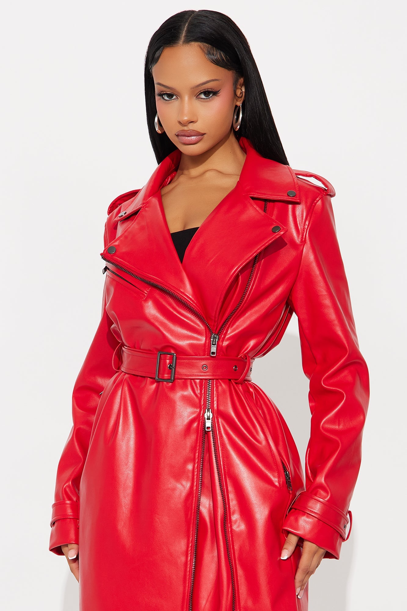 Late Night Drives Faux Leather Coat - Red