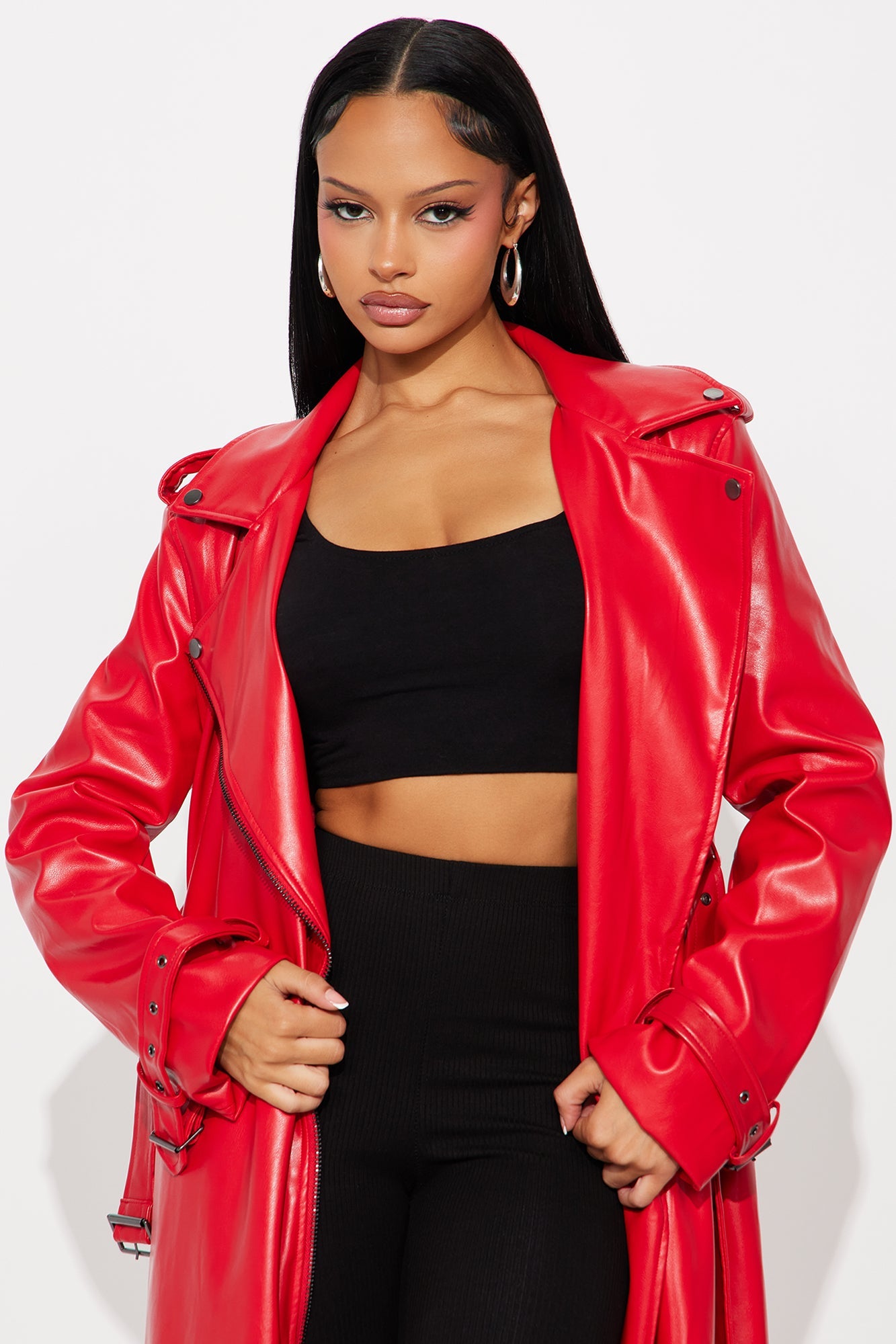 Late Night Drives Faux Leather Coat - Red