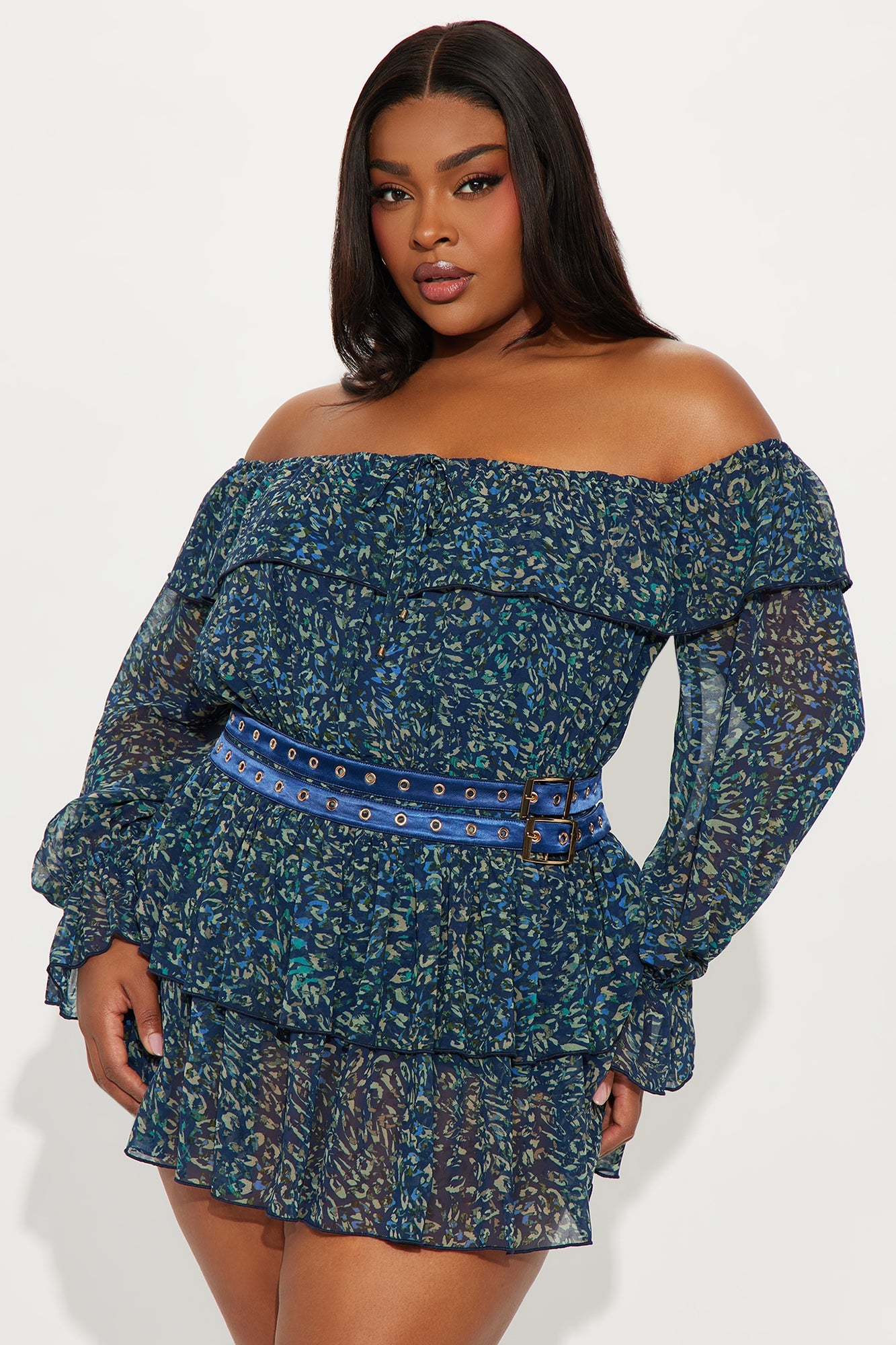 Aven Ruffle Chiffon Mini Dress - Blue/combo