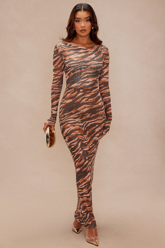 Alexis Rhinestone Long Sleeve Maxi Dress - Brown/combo