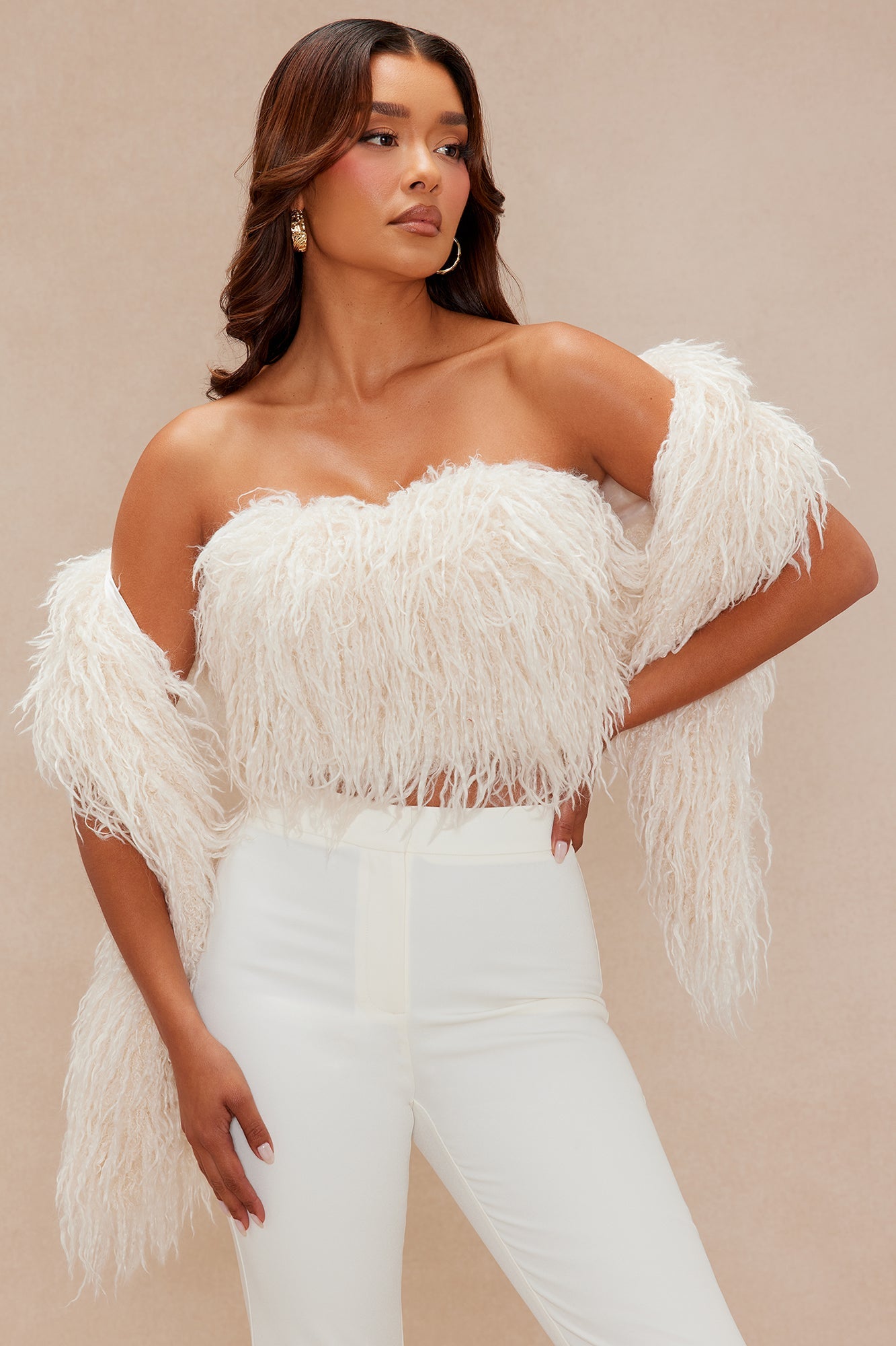 Evelyn Faux Fur Top And Scarf Set - Cream