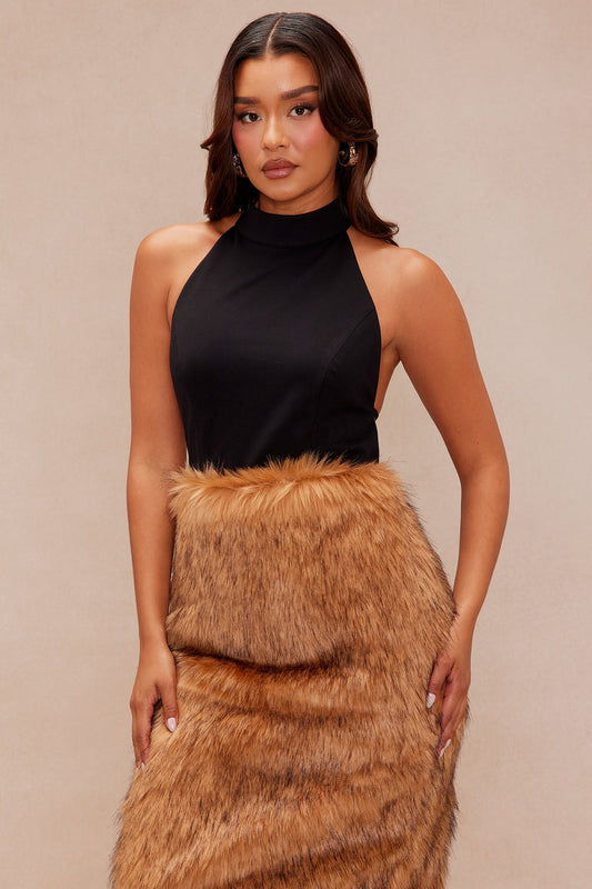 Clairese Backless Faux Fur Mini Dress - Brown/combo