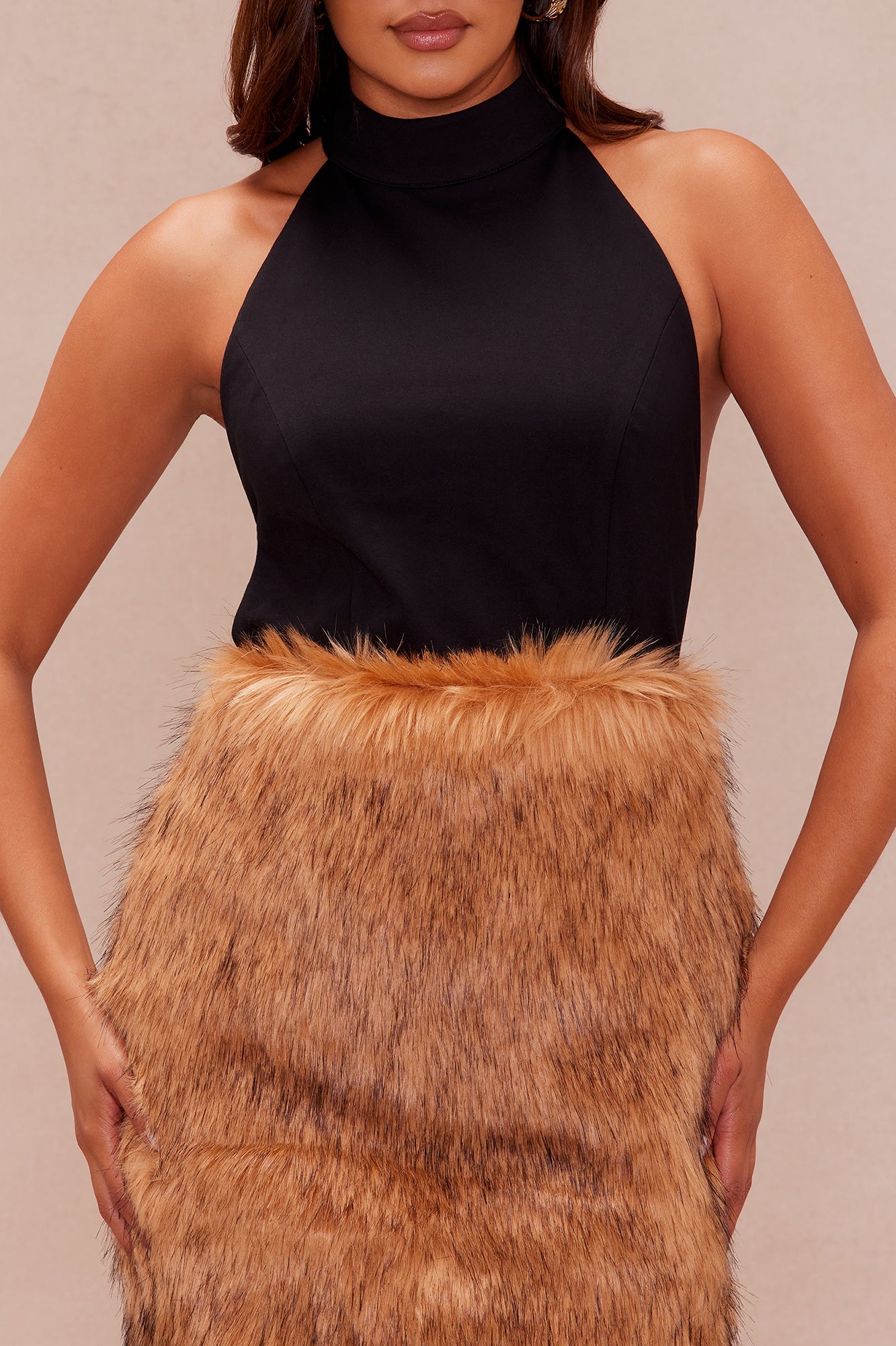 Clairese Backless Faux Fur Mini Dress - Brown/combo