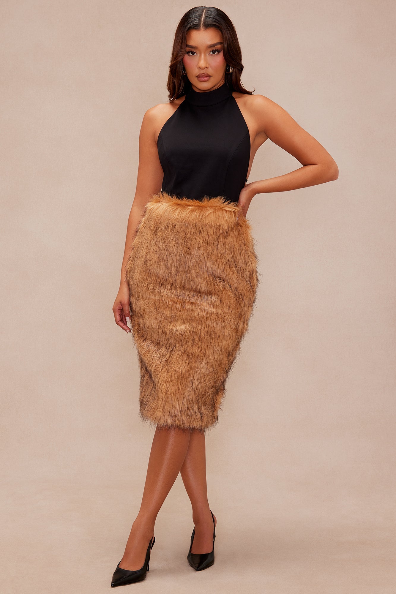 Clairese Backless Faux Fur Mini Dress - Brown/combo