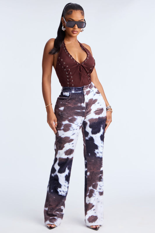 Nathalie Cow Print Faux Fur Straight Leg Pant 33 - Brown/combo