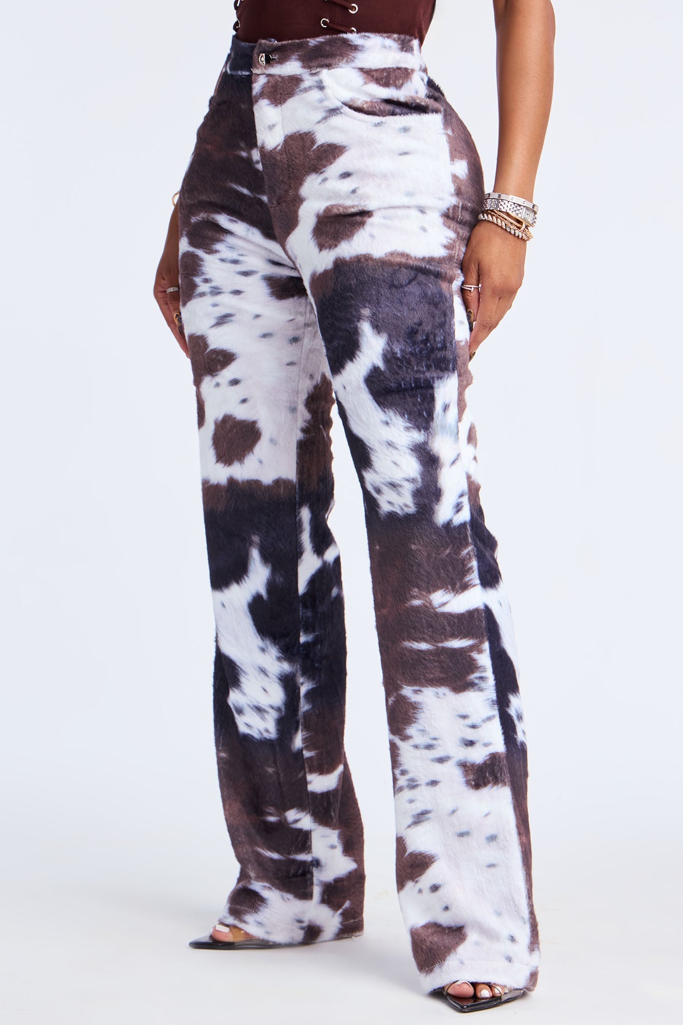 Nathalie Cow Print Faux Fur Straight Leg Pant 33 - Brown/combo
