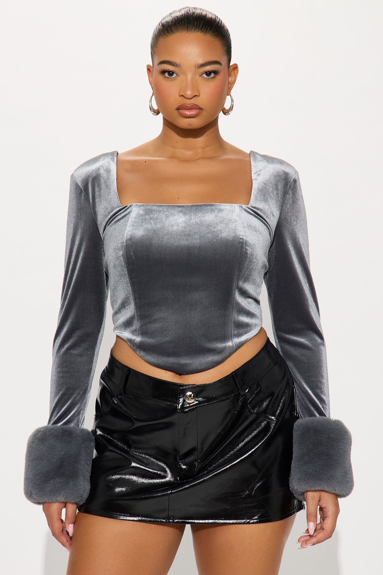 Say Less Babe Velvet Faux Fur Top - Grey