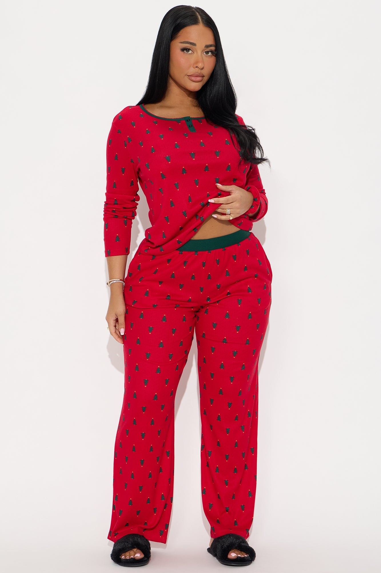 Christmas Trees Pointelle Long Sleeve PJ Pant Set - Red/combo