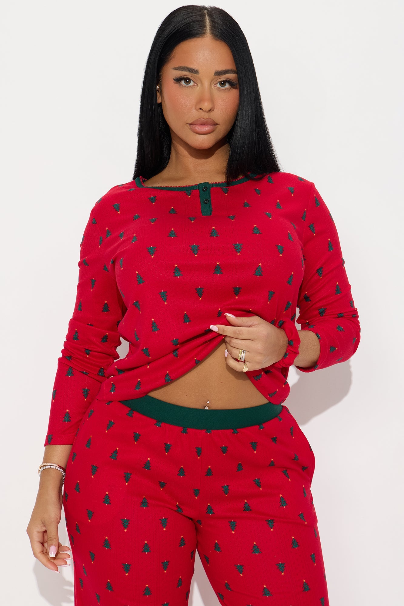 Christmas Trees Pointelle Long Sleeve PJ Pant Set - Red/combo