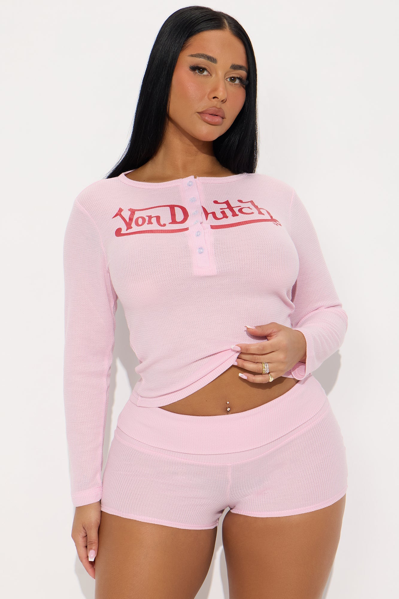 Von Dutch Waffle Long Sleeve Henley PJ Short Set - Pink
