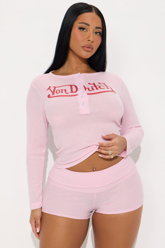 Von Dutch Waffle Long Sleeve Henley PJ Short Set - Pink