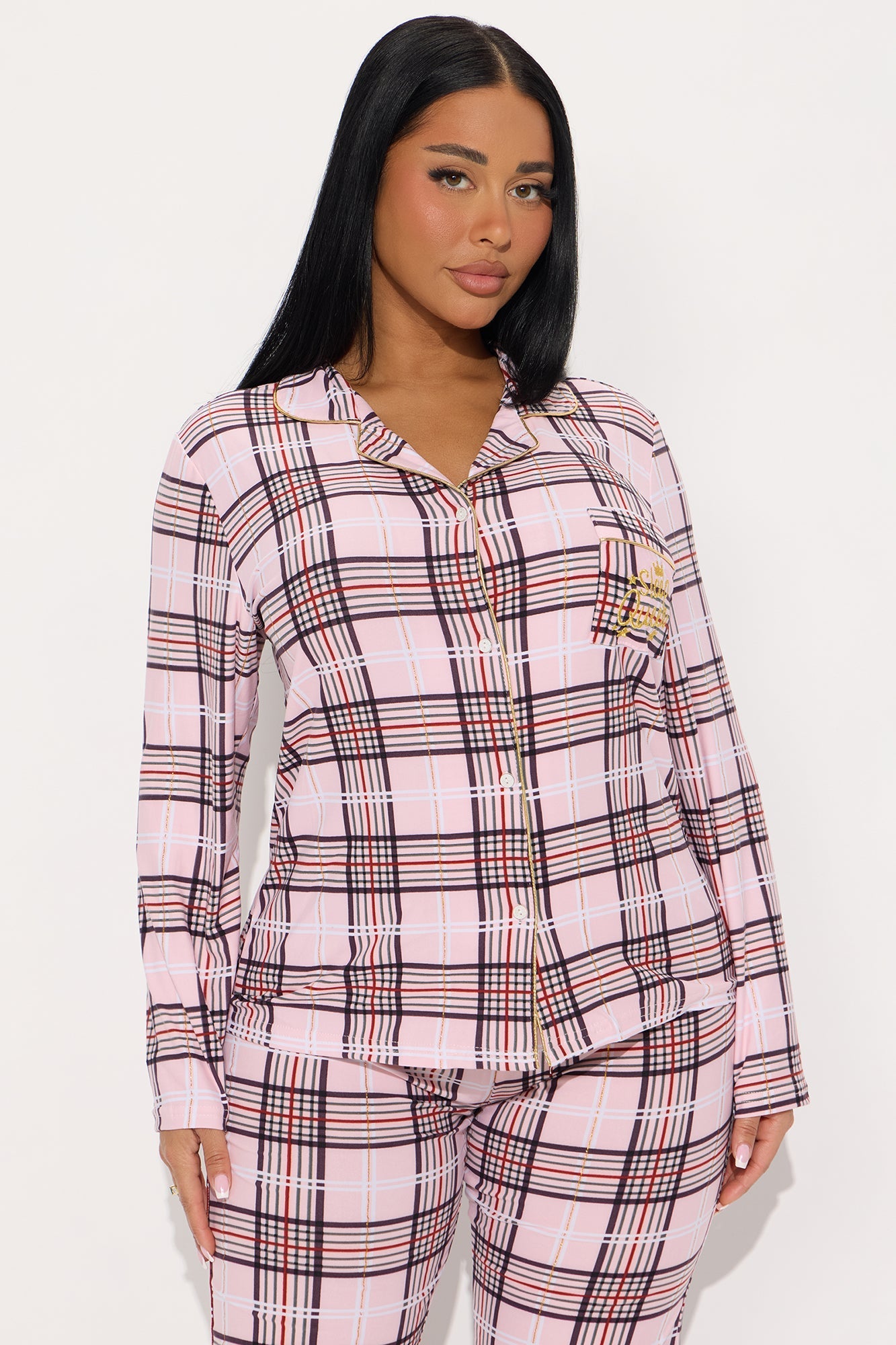 Sleepy Queen Embroidered Glitter Long Sleeve PJ Pant Set - Pink/combo