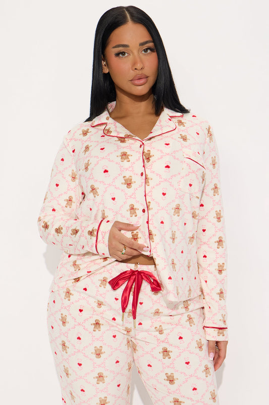 Sweetest Gingerbread Pointelle Long Sleeve PJ Pant Set - Ivory/combo