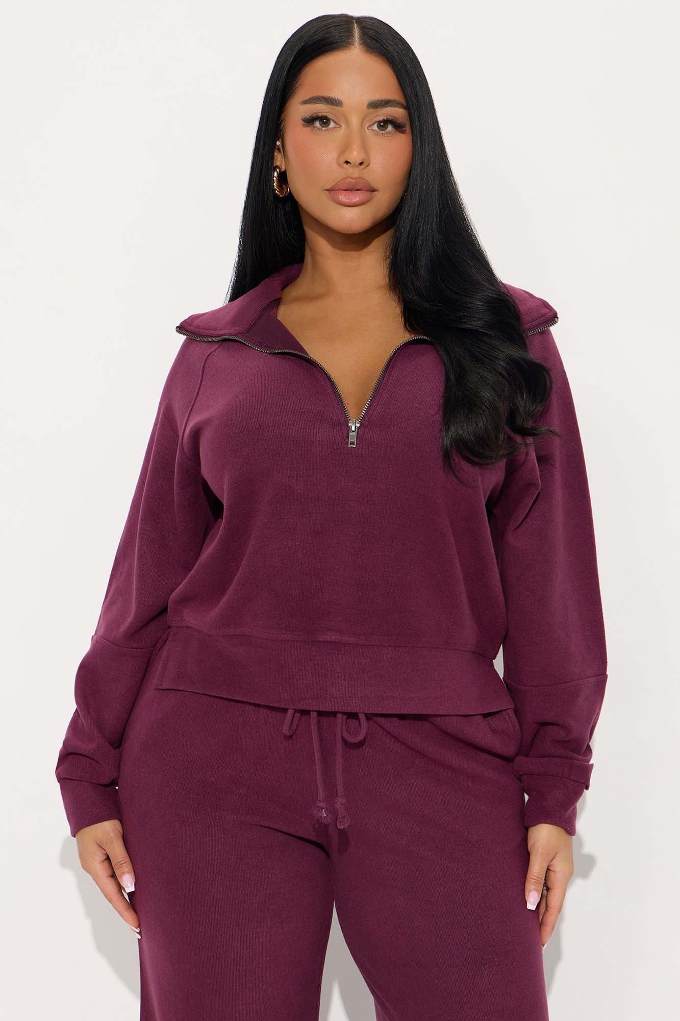 Raven Ribbed Quarter Zip Pant Set - Burgundy