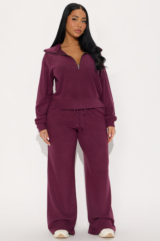 Raven Ribbed Quarter Zip Pant Set - Burgundy