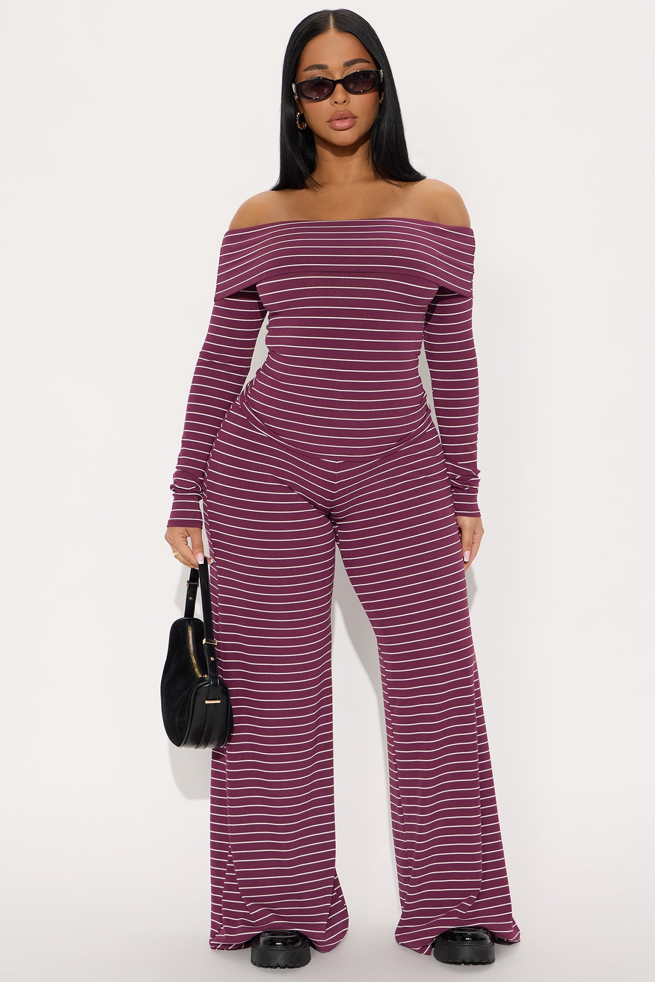 Esme Off Shoulder Long Sleeve Pant Set - Wine