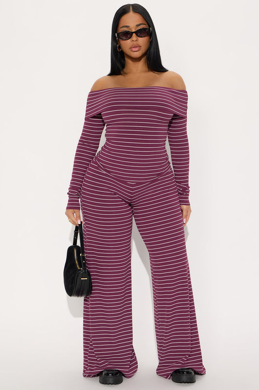 Esme Off Shoulder Long Sleeve Pant Set - Wine