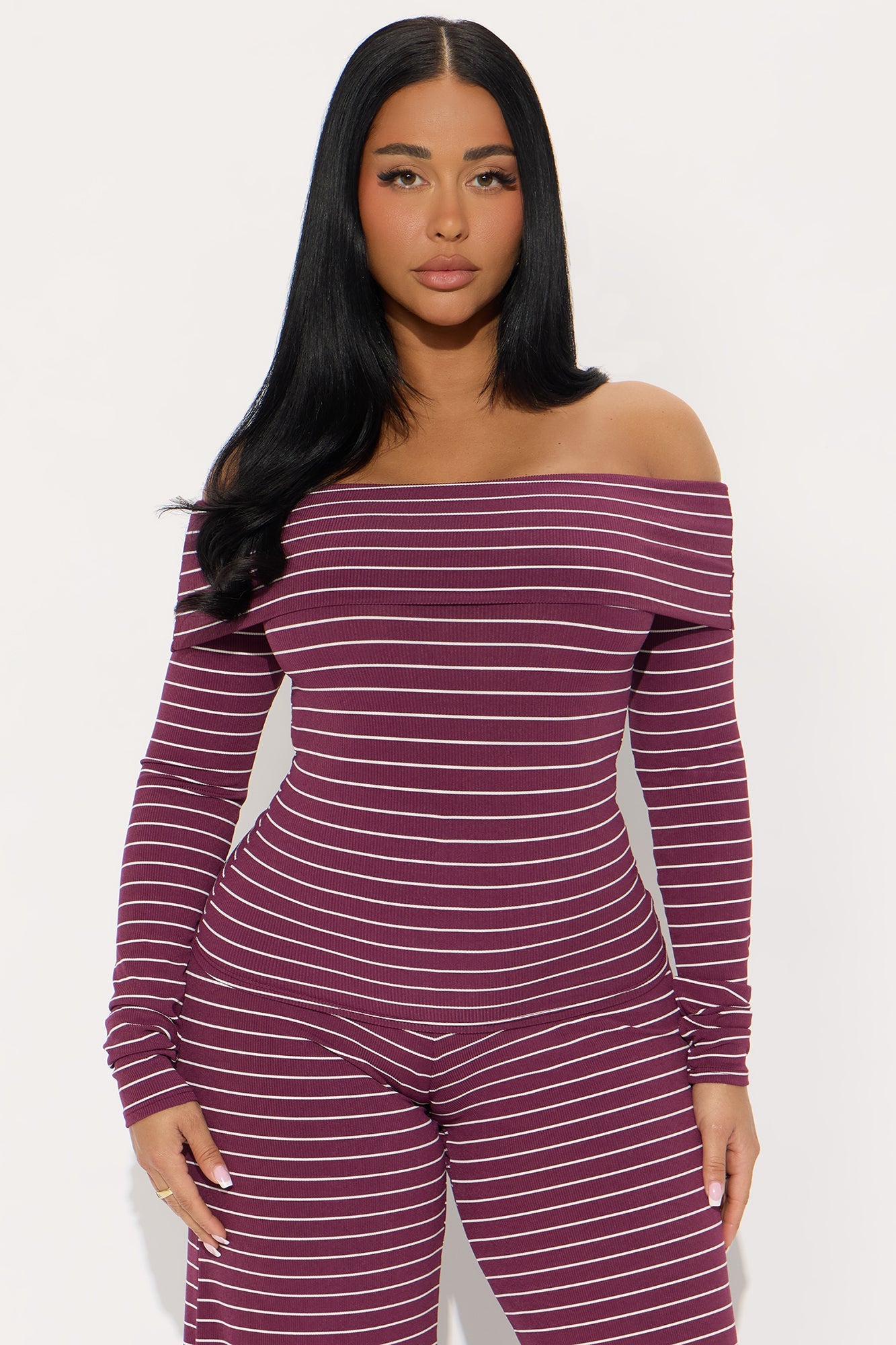 Esme Off Shoulder Long Sleeve Pant Set - Wine