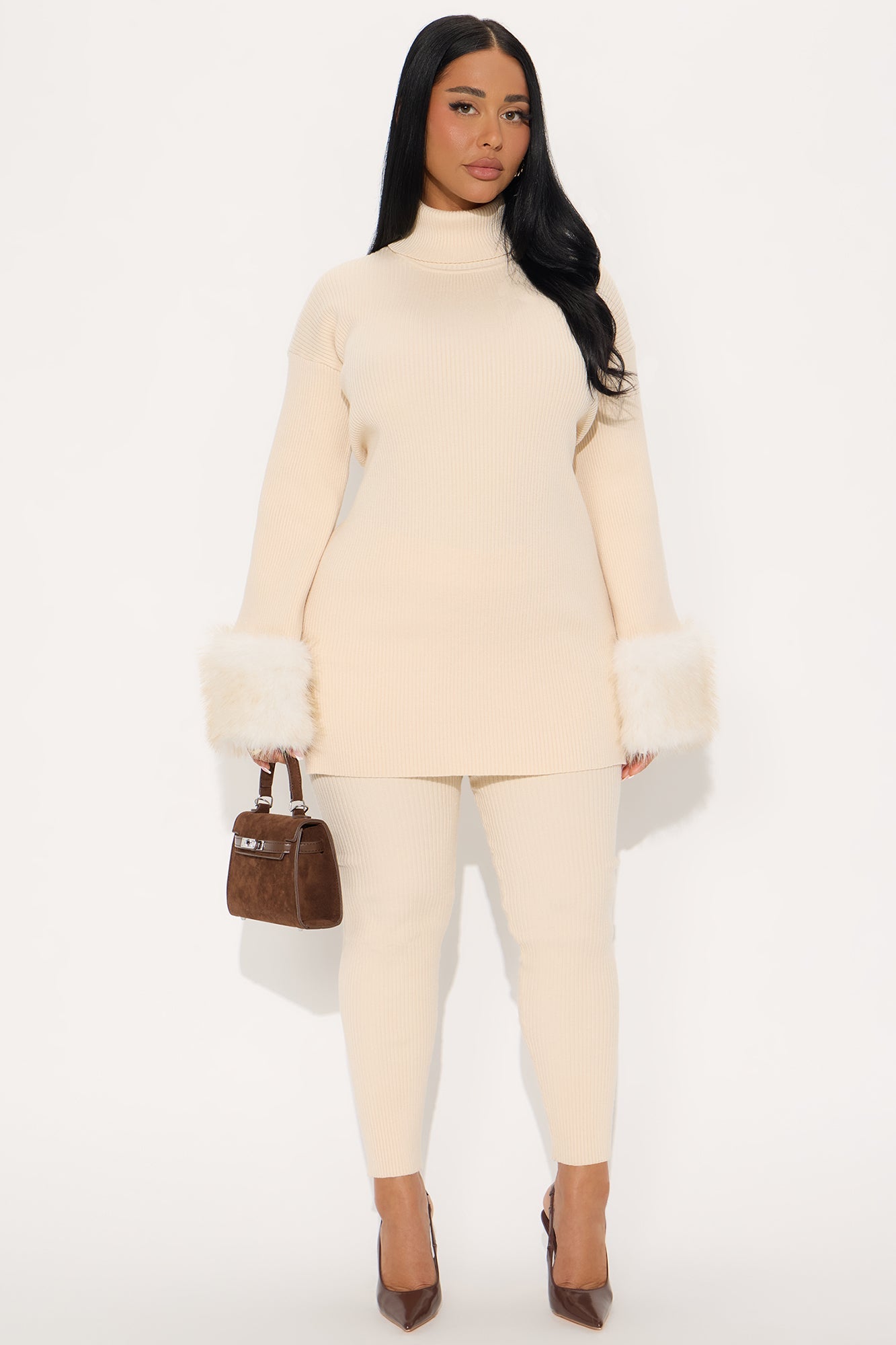 Carrie Faux Fur Trim Pant Set - Cream