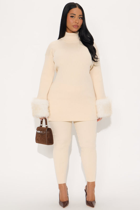 Carrie Faux Fur Trim Pant Set - Cream